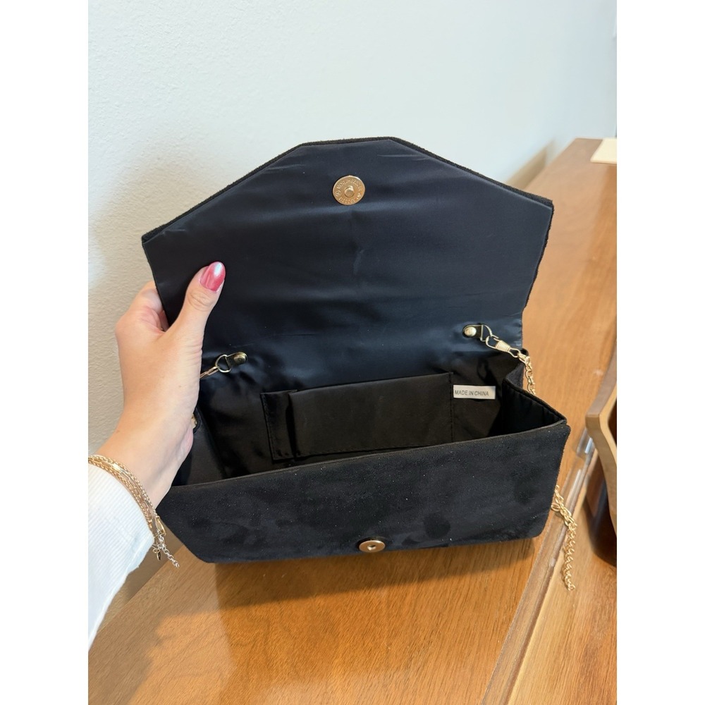 Formal Black Dress Suede Purse With Gold Shoulder Strap‎